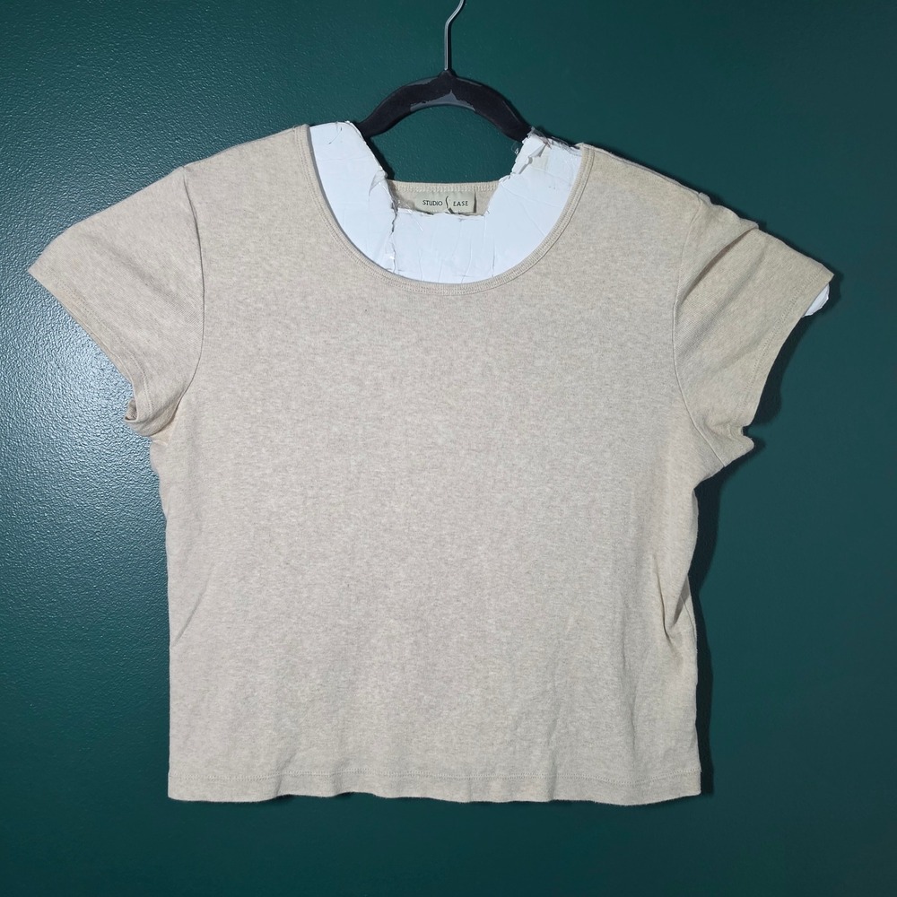 Studio Ease Womens Beige Cotton Short Sleeve T-Shirt Size 16 W9598WI Heathered